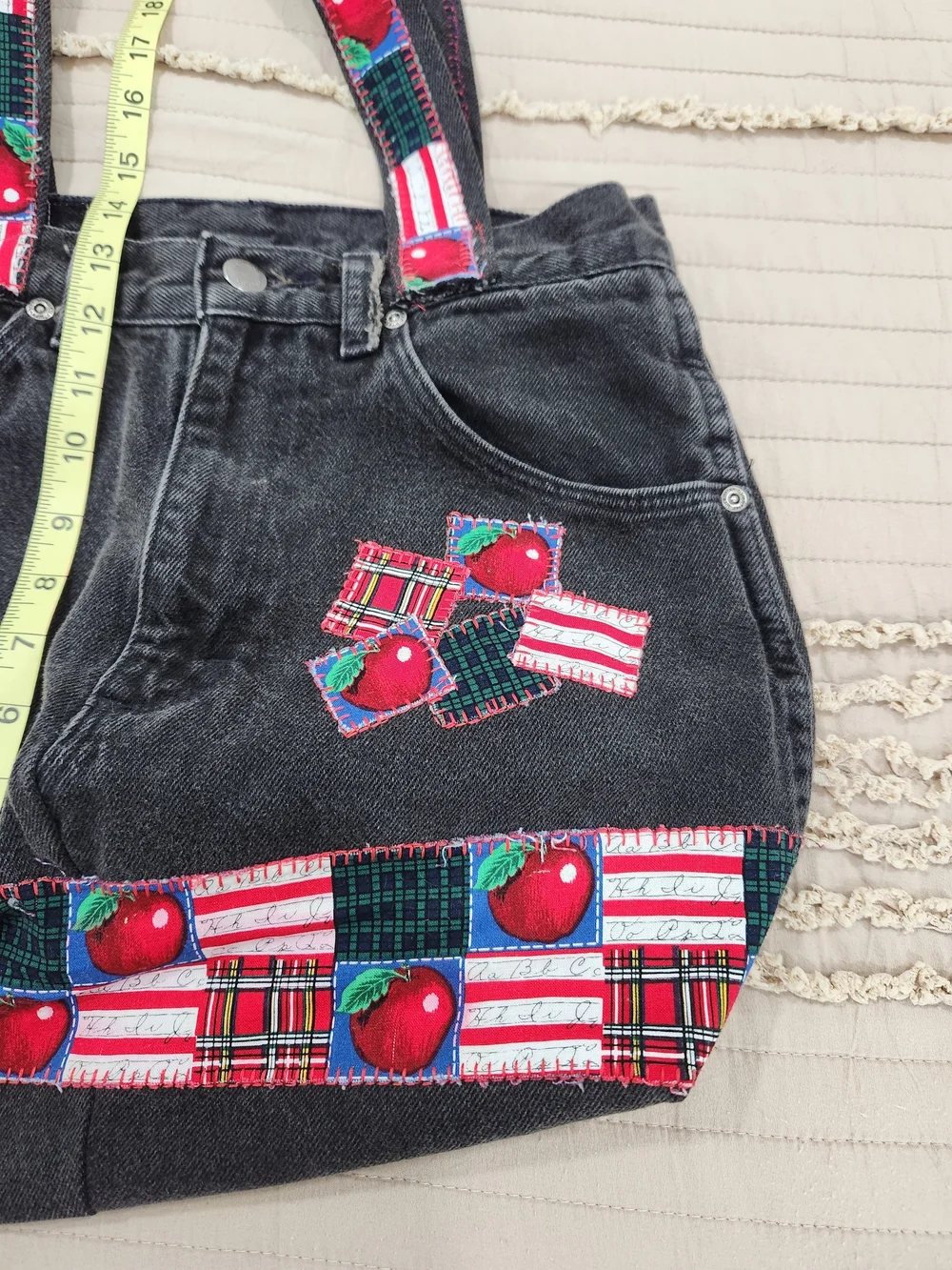 Black Denim Tote Bag with Red Apple Patch Details One Of A Kind